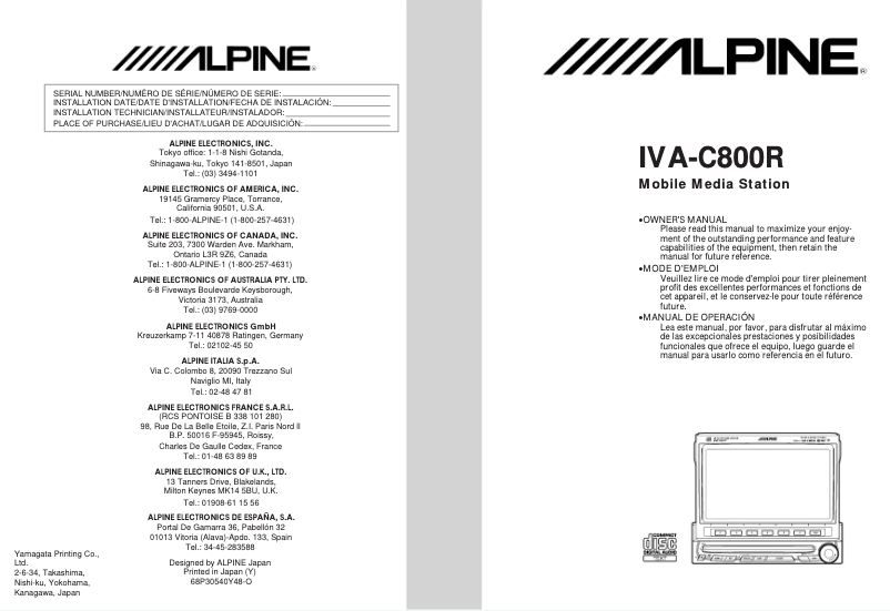 Page 1 de la notice Manuel utilisateur Alpine IVA-C800R