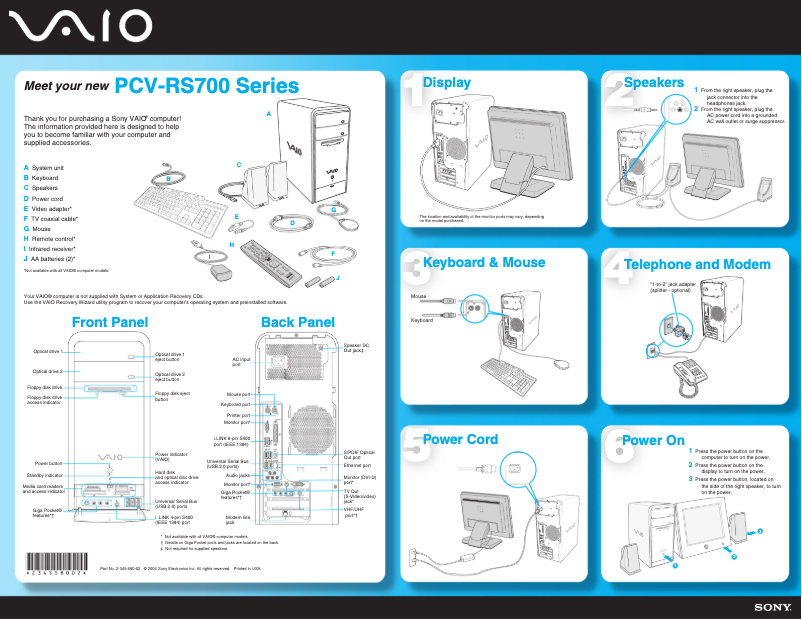 Page n°1 - Guide d'installation Sony Vaio PCV-RS712