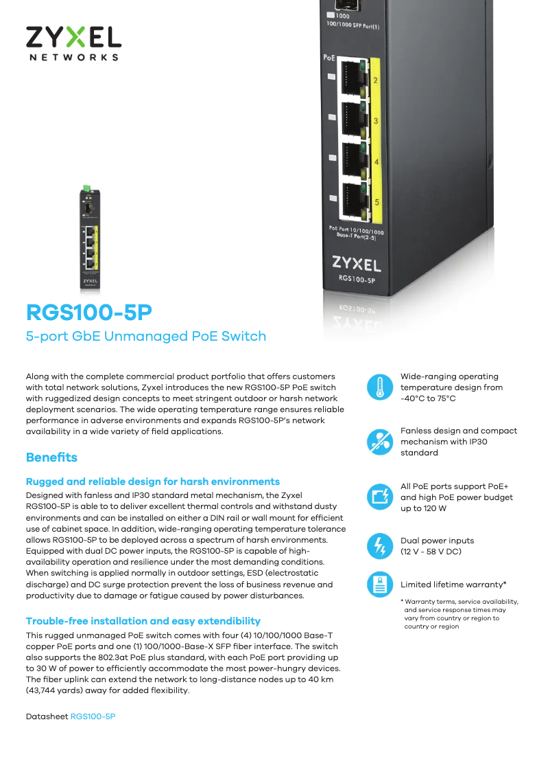 Page 1 de la notice Fiche technique ZyXEL RGS100-5P