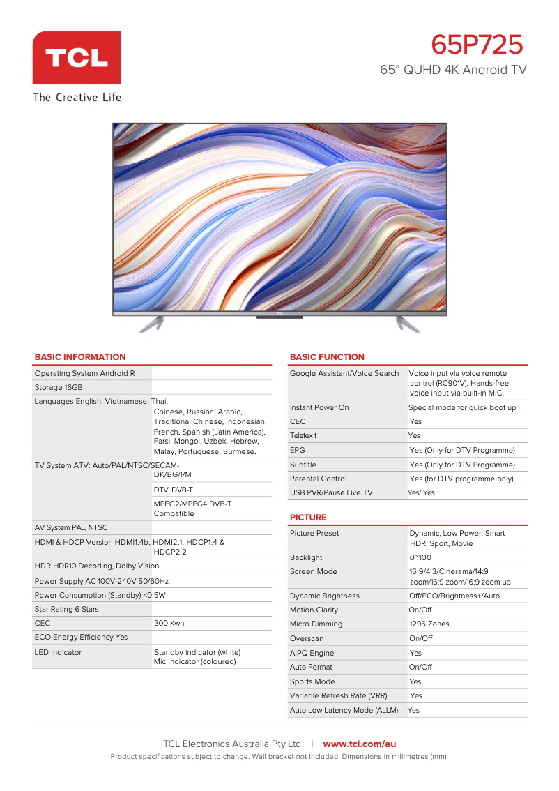 Page 1 de la notice Fiche technique TCL 65P725