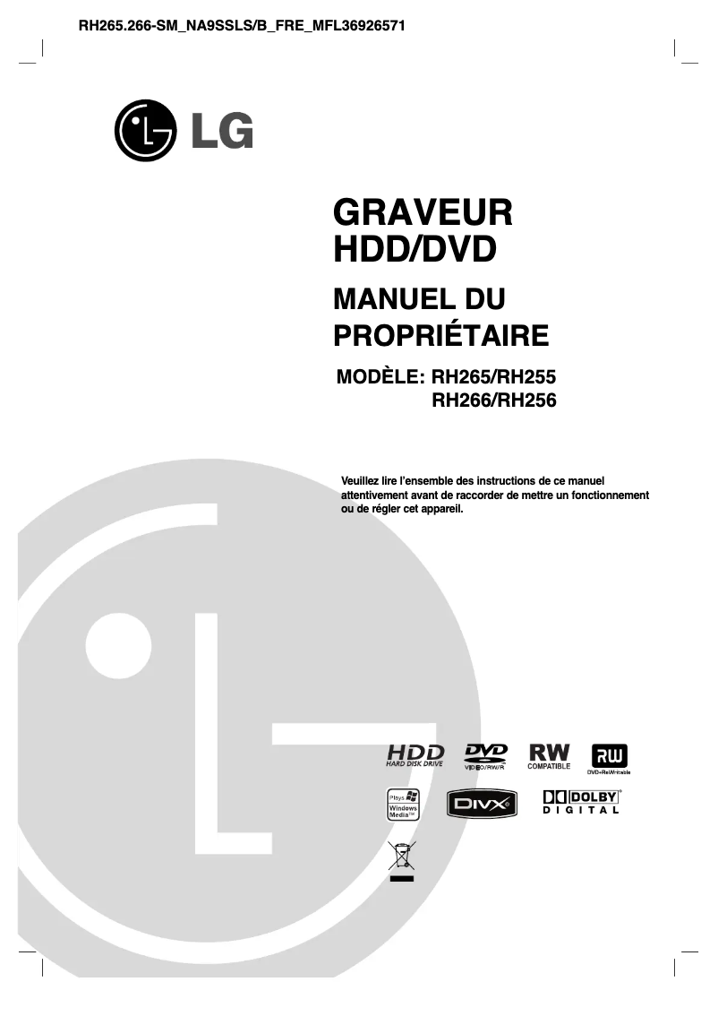 Page 1 de la notice Manuel utilisateur LG RH256