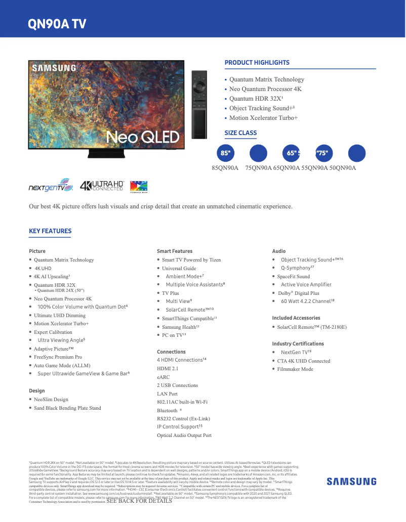 Page 1 de la notice Fiche technique Samsung QN65QN90A