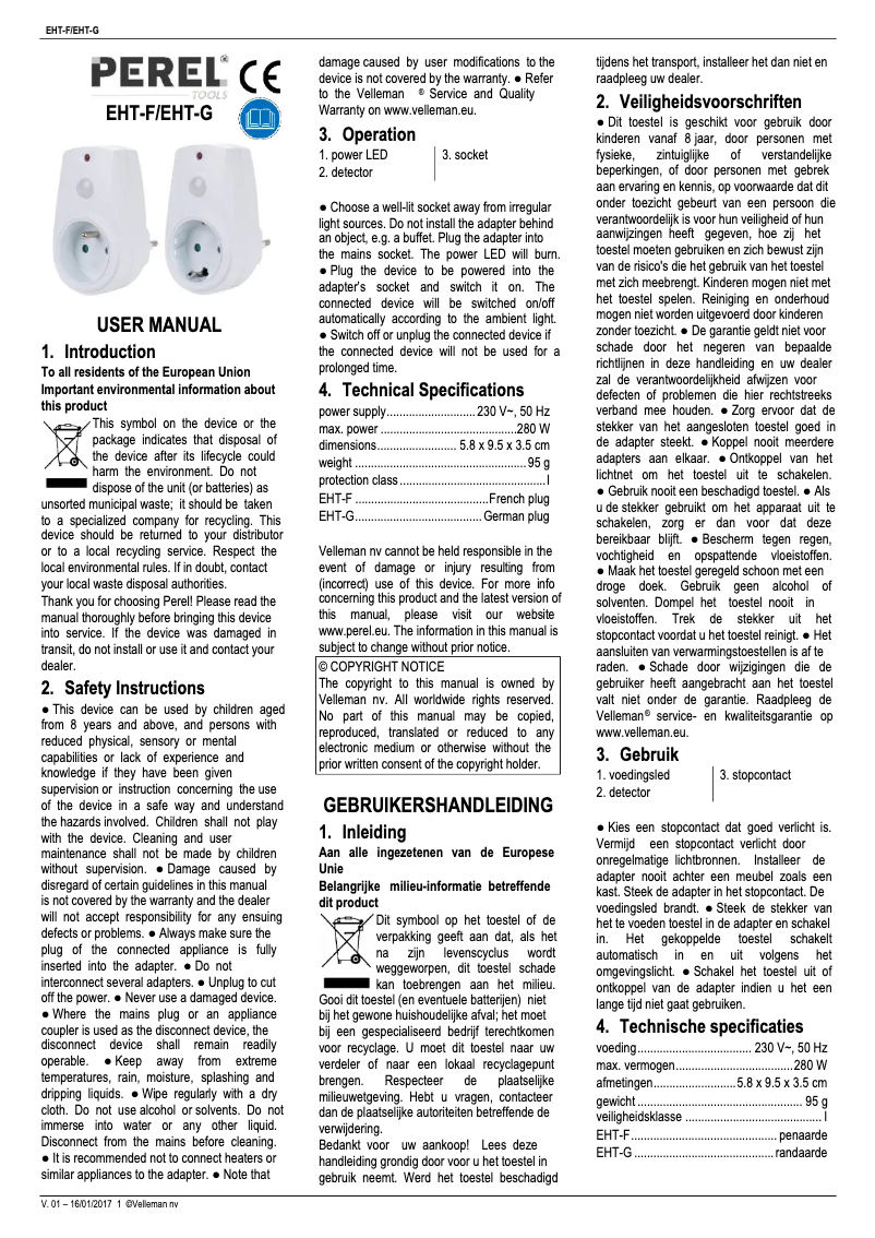 Page n°1 - Manuel utilisateur Perel EHT-G