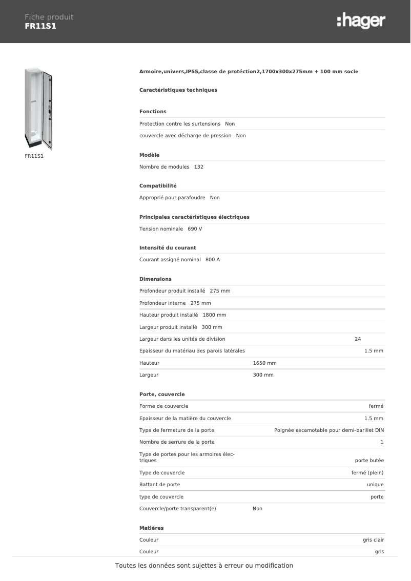 Page 1 de la notice Fiche technique Hager FR11S1