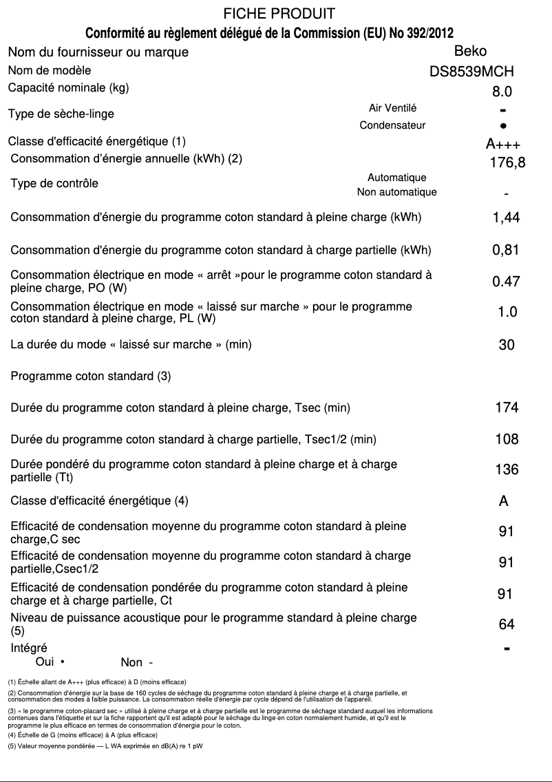 Page 1 de la notice Fiche technique Beko DS8539MCH