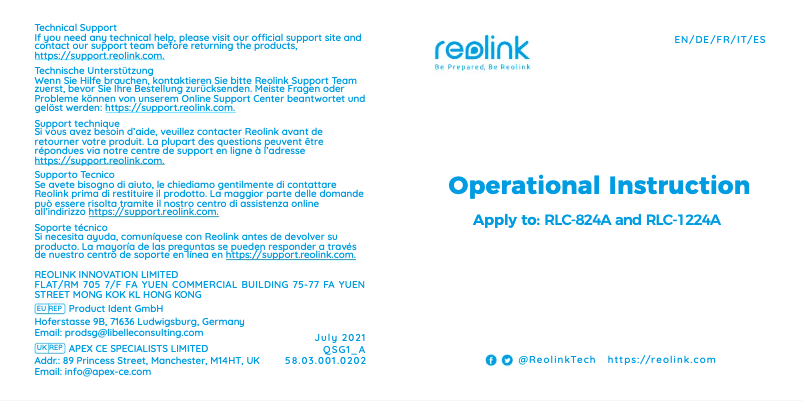 Page 1 de la notice Manuel utilisateur Reolink RLC-824A