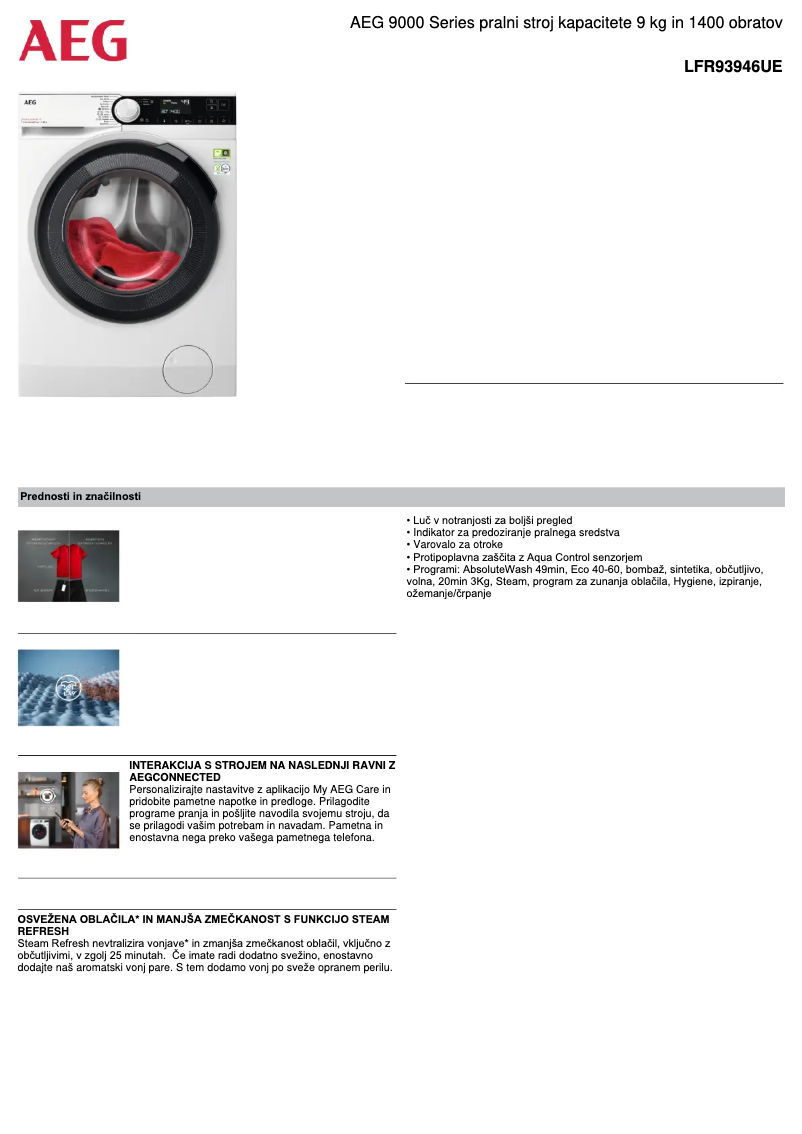 Page 1 de la notice Fiche technique AEG 9000 Series LFR93946UE
