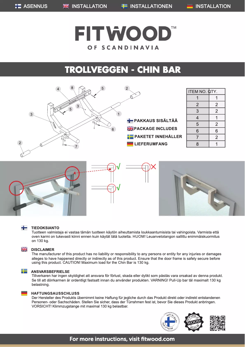 Page 1 de la notice Manuel utilisateur Fitwood Chin Bar