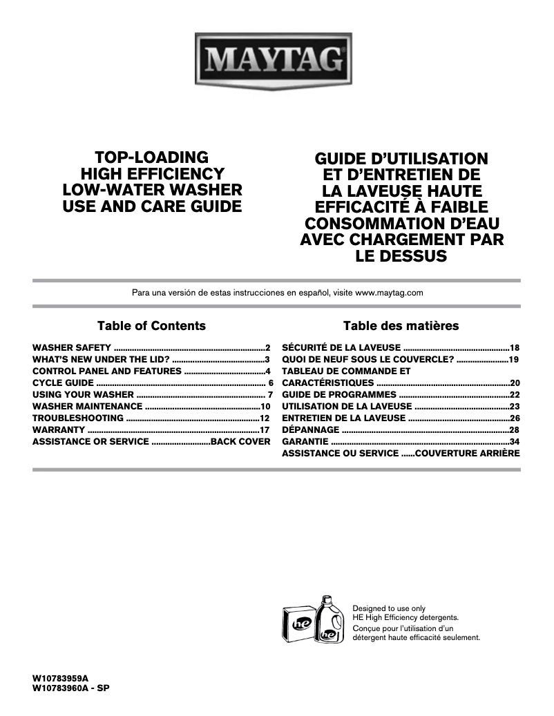Page n°1 - Manuel d'utilisation et d'entretien Maytag W10783959A