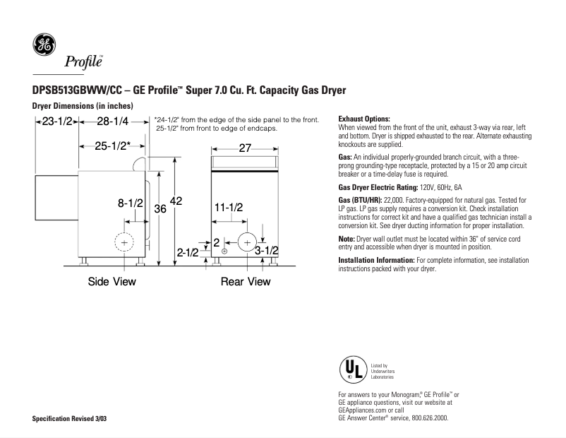 Page 1 of the manual Technical Sheet GE Profile DPSB513GBWW