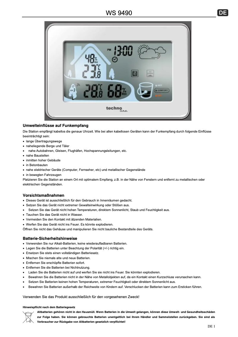 Page 1 de la notice Manuel utilisateur Techno Line WS 9490