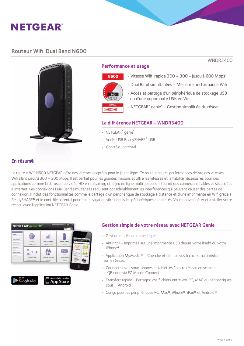 Page n°1 - Fiche technique Netgear RangeMax WNDR3400