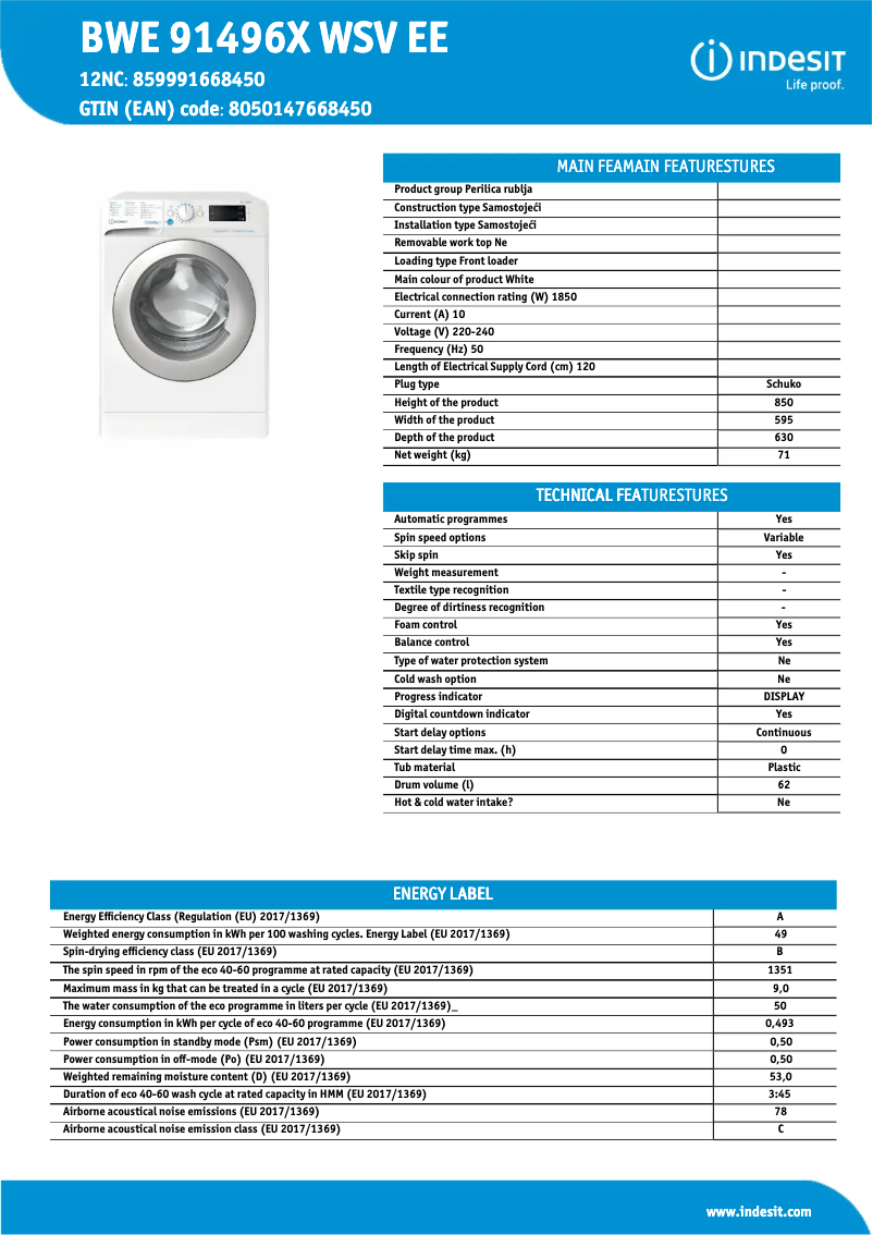 Page n°1 - Fiche technique Indesit BWE 91496X WSV EE