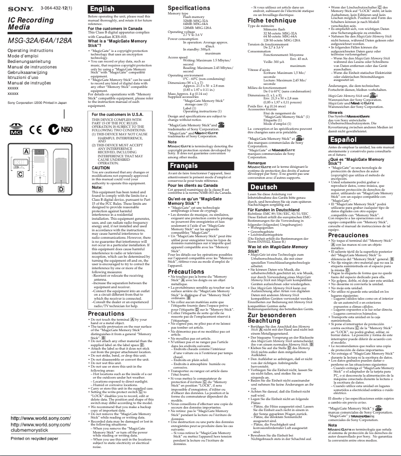Page 1 de la notice Manuel utilisateur Sony MSG-128A