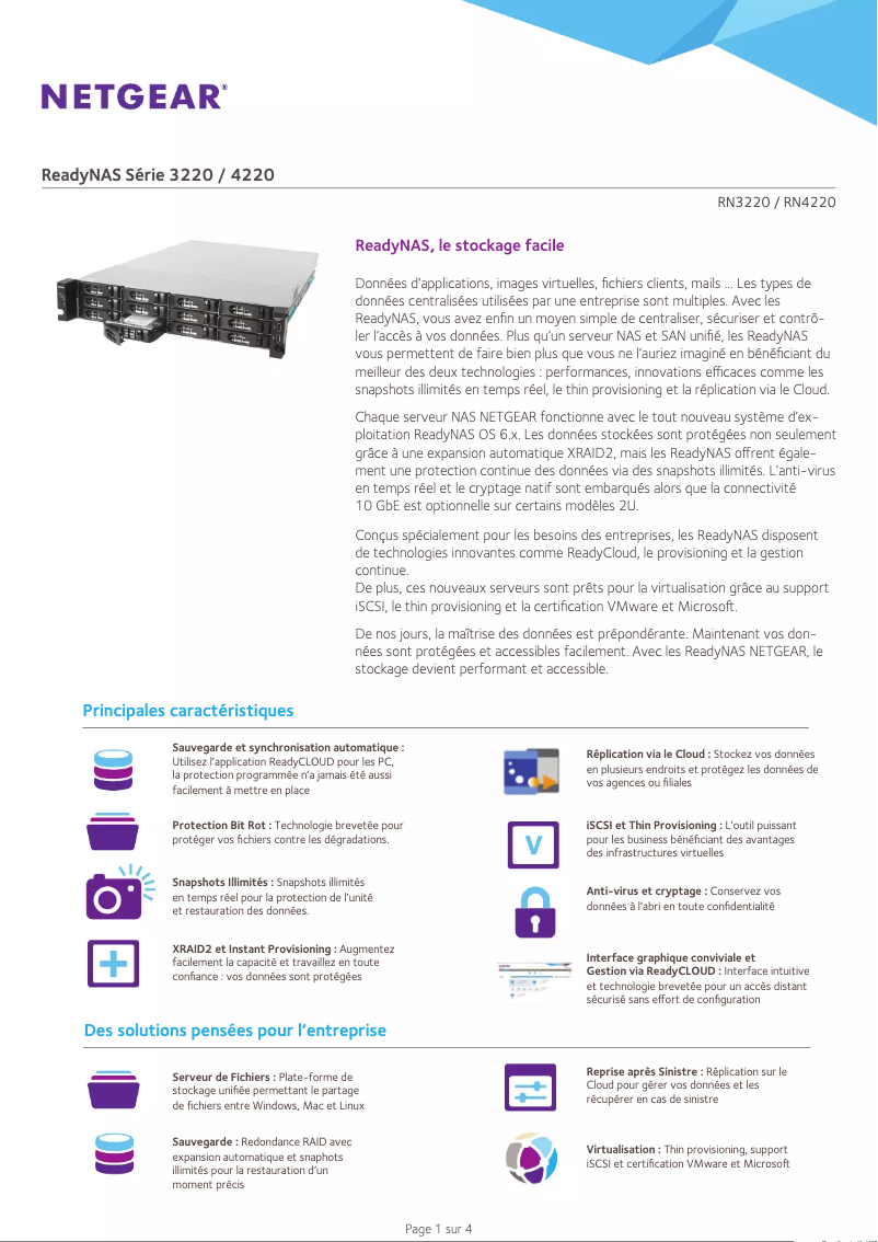 Page 1 de la notice Fiche technique Netgear ReadyNAS R422X123