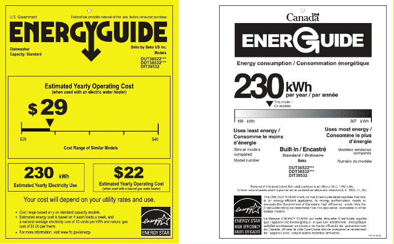 Page 1 de la notice Label énergétique Beko DUT36522W