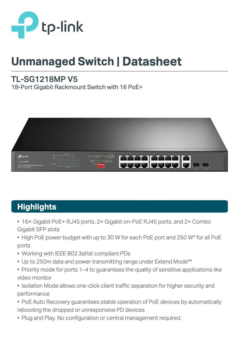 Image de la première page du manuel de l'appareil TL-SG1218MP
