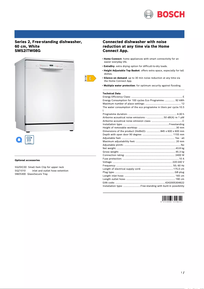 Page n°1 - Fiche technique Bosch SMS2ITW08G