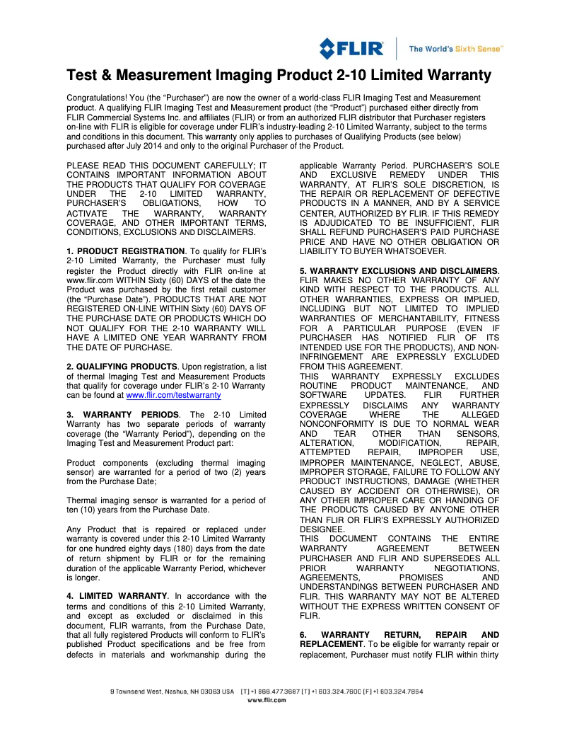 Page 1 de la notice Informations de garantie FLIR DM91