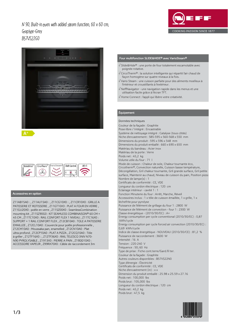 Page 1 of the manual Technical Sheet Neff B57VS22G0