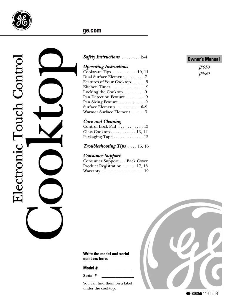 Page n°1 - Manuel d'utilisation et d'entretien GE JP950SKSS