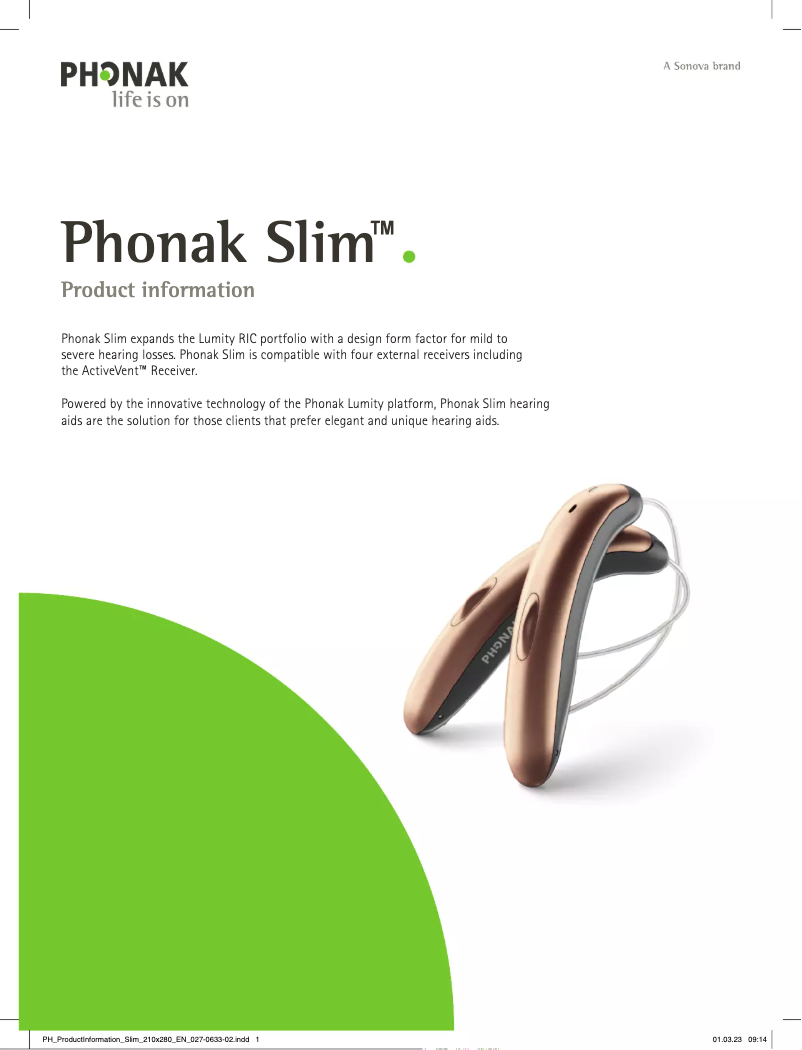 Page 1 de la notice Fiche technique Phonak Slim L-R