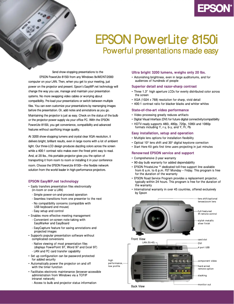 Page 1 de la notice Brochure Epson PowerLite 8150i