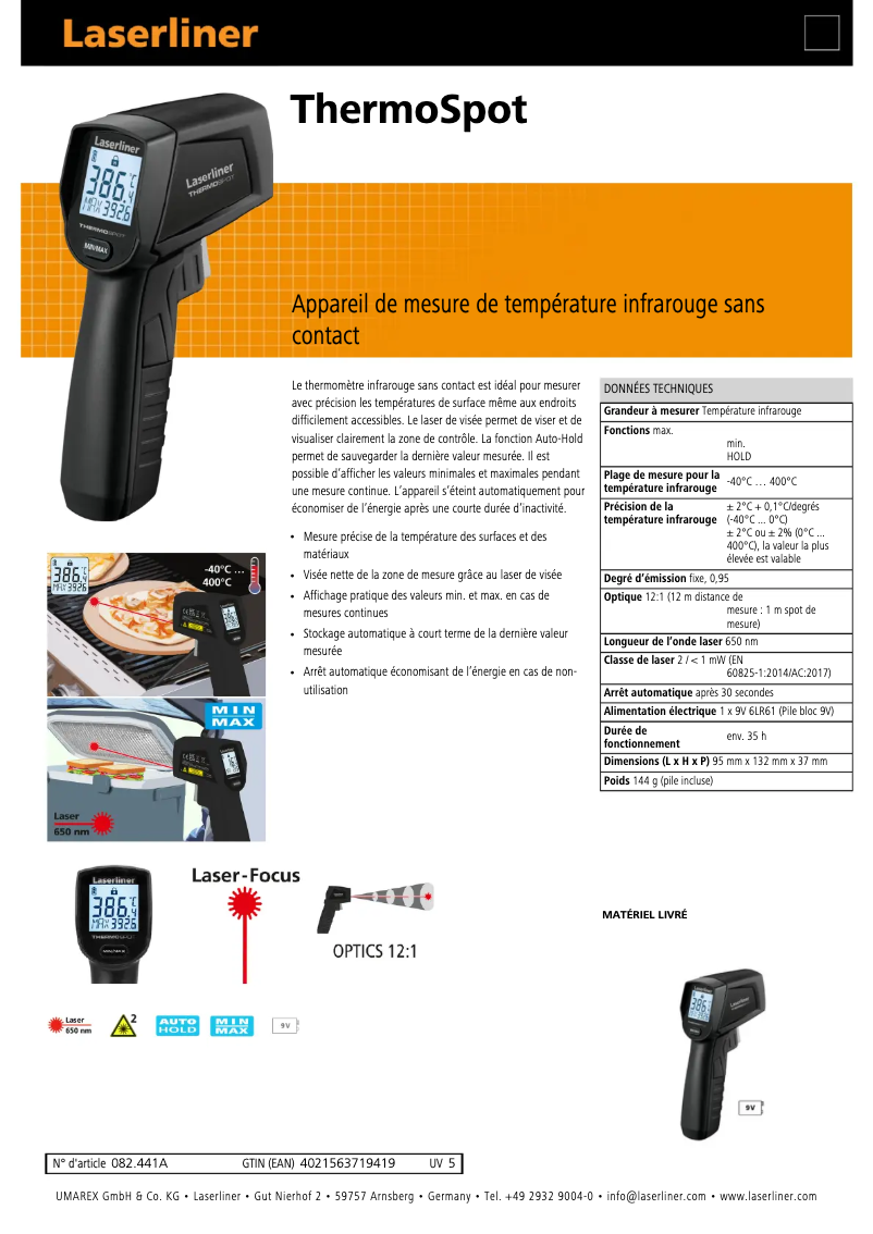 Page 1 de la notice Fiche technique Laserliner ThermoSpot