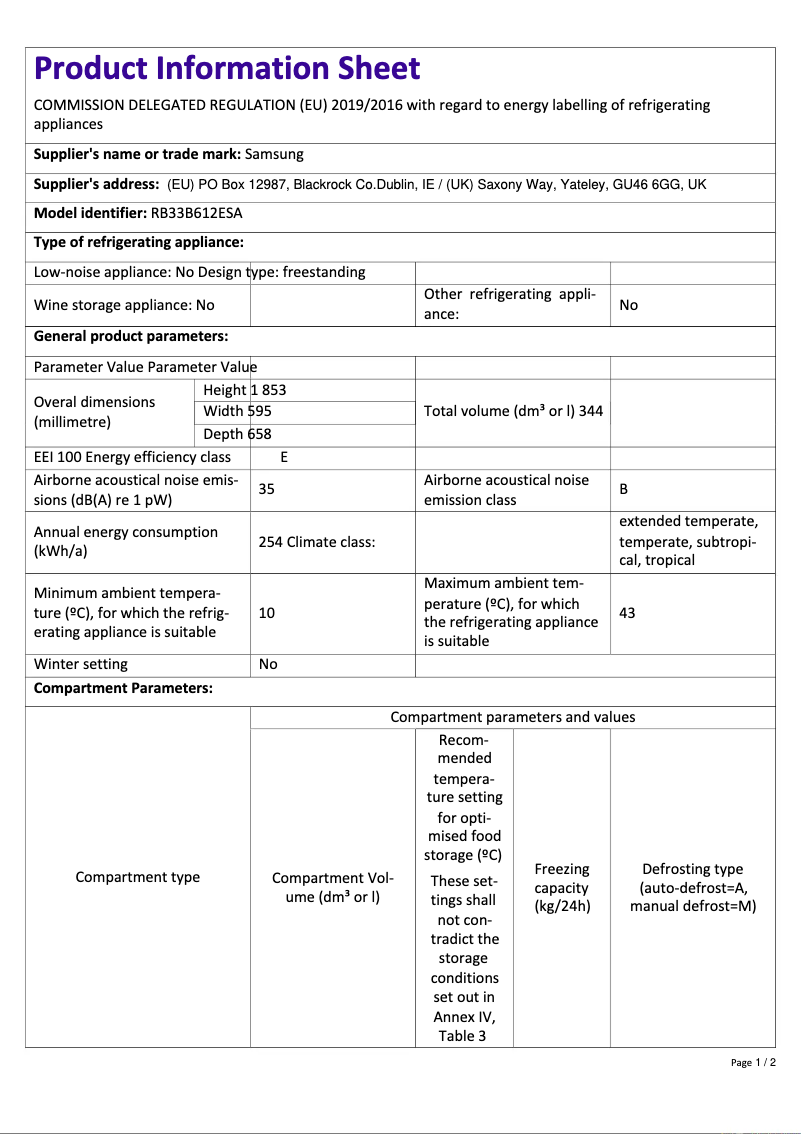 Page 1 de la notice Fiche technique Samsung RB33B612ESA