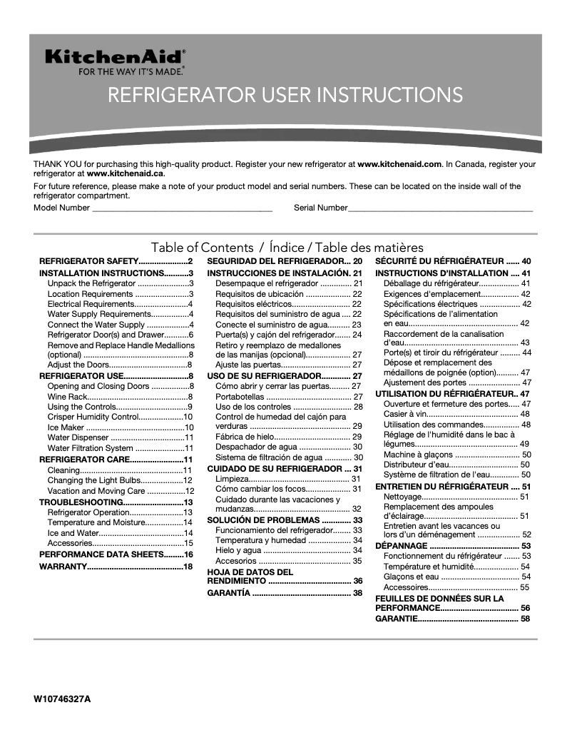Page n°1 - Manuel d'utilisation et d'entretien KitchenAid KRFC302EPA