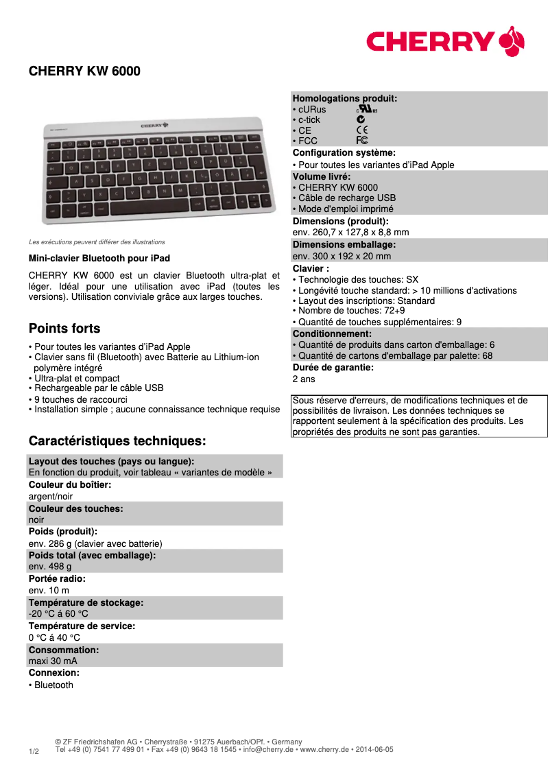 Page 1 de la notice Fiche technique Cherry KW 6000