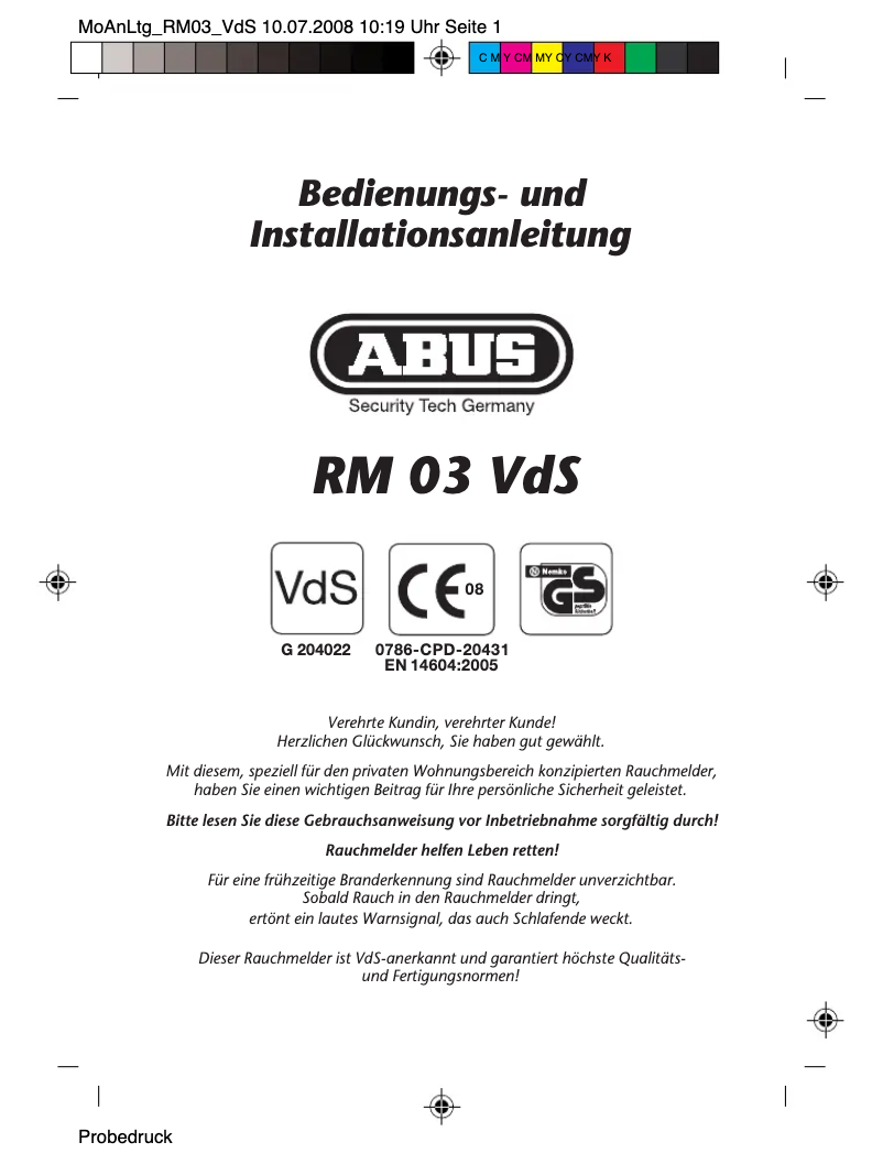 Page n°1 - Manuel utilisateur Abus RM03 VdS