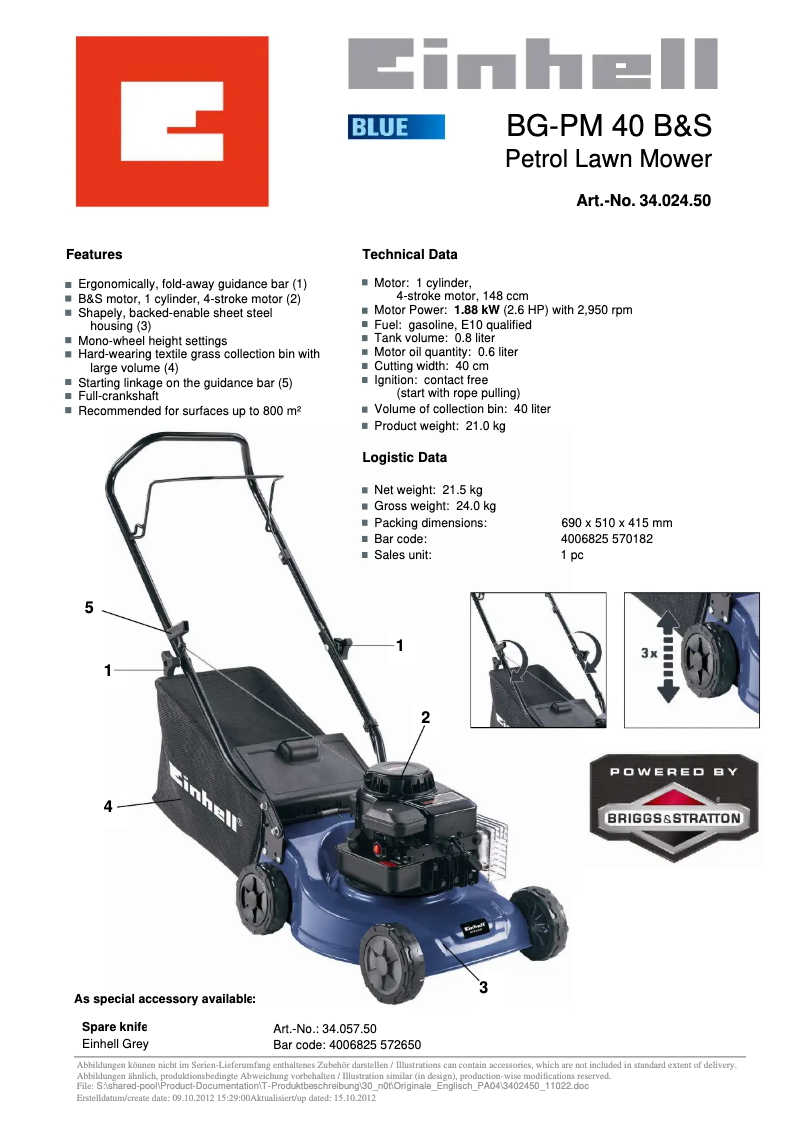 Page 1 de la notice Fiche technique Einhell BG-PM 40 B&S