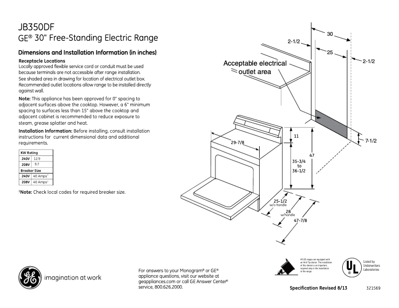 Página 1 del manual Ficha técnica GE JB350DFWW