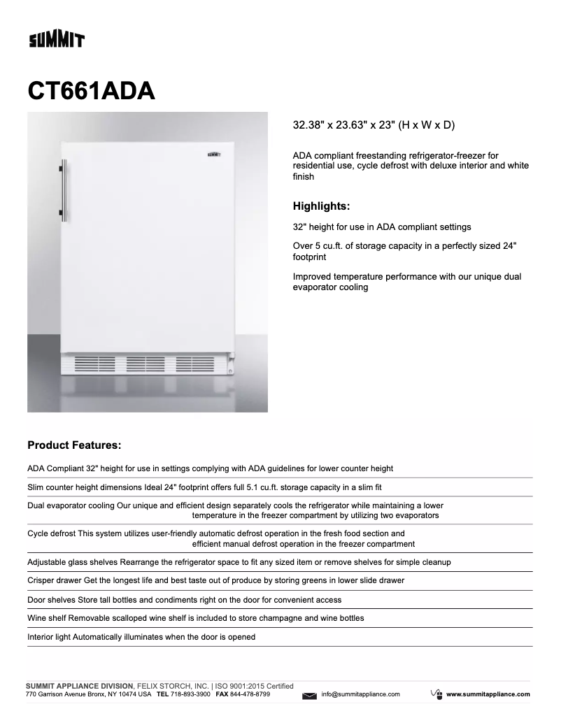 Page 1 de la notice Fiche technique Summit CT661ADA