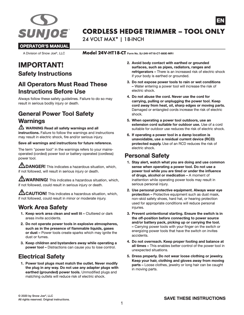 Page n°1 - Manuel utilisateur Sun Joe 24V-HT18-CT