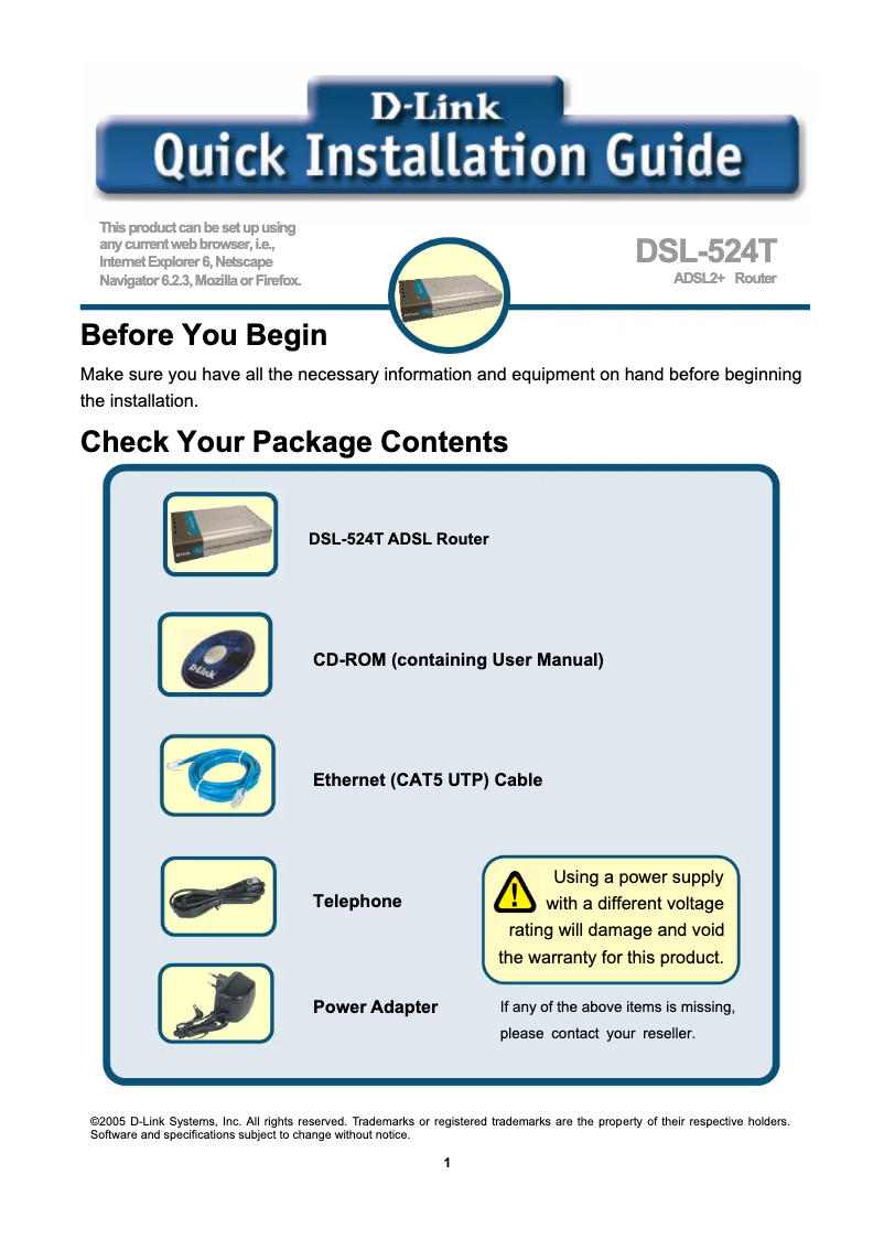 Page 1 de la notice Guide d'installation D-Link DSL-524T