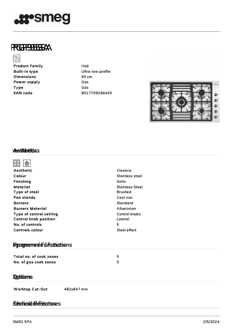Page n°1 - Fiche technique Smeg PGF95SA