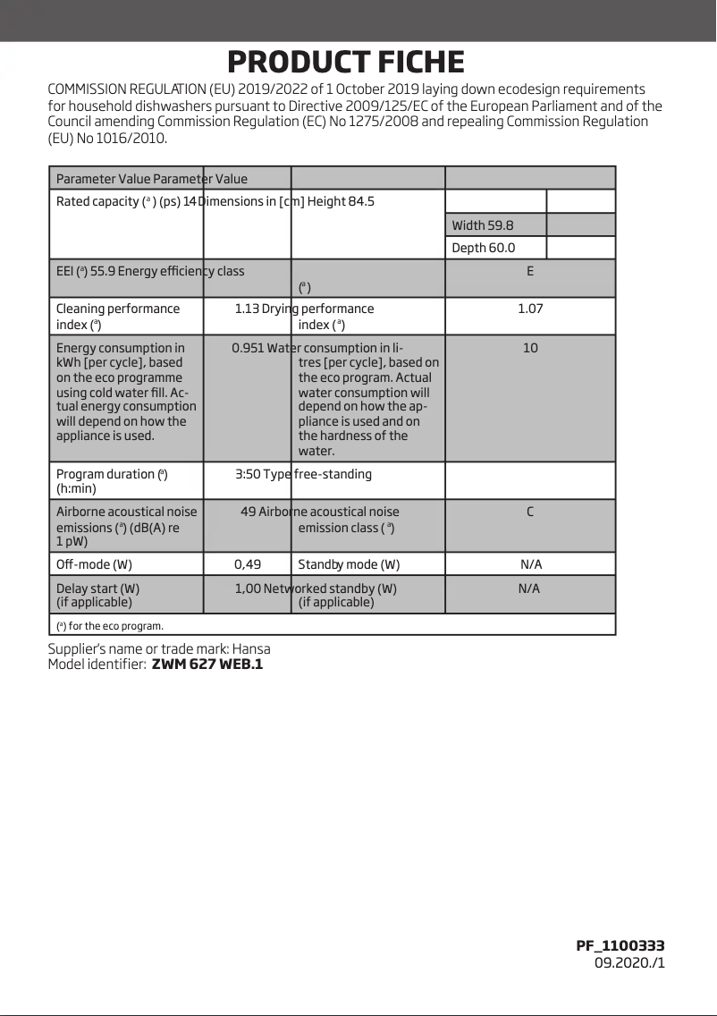 Page 1 de la notice Fiche technique Hansa ZWM 627 WEB