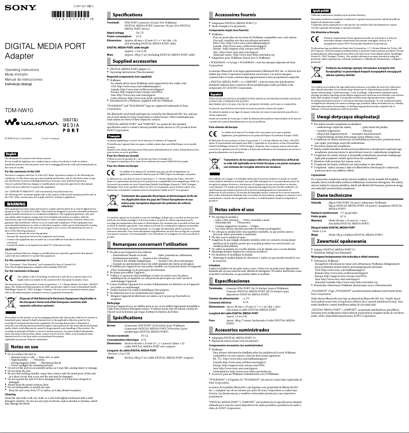 Page n°1 - Manuel utilisateur Sony TDM-NW10