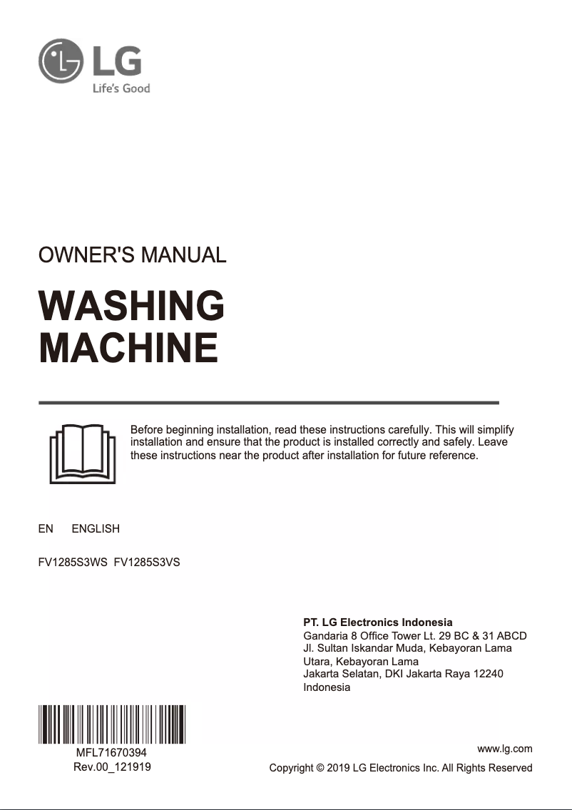 Page 1 de la notice Manuel utilisateur LG FV1285S3WS