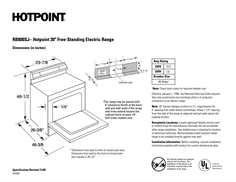 Page 1 de la notice Fiche technique Hotpoint RB800SJSA
