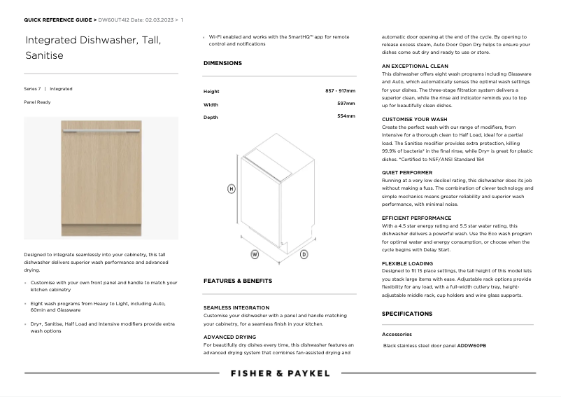 Page 1 de la notice Fiche technique Fisher & Paykel DW60UT4I2