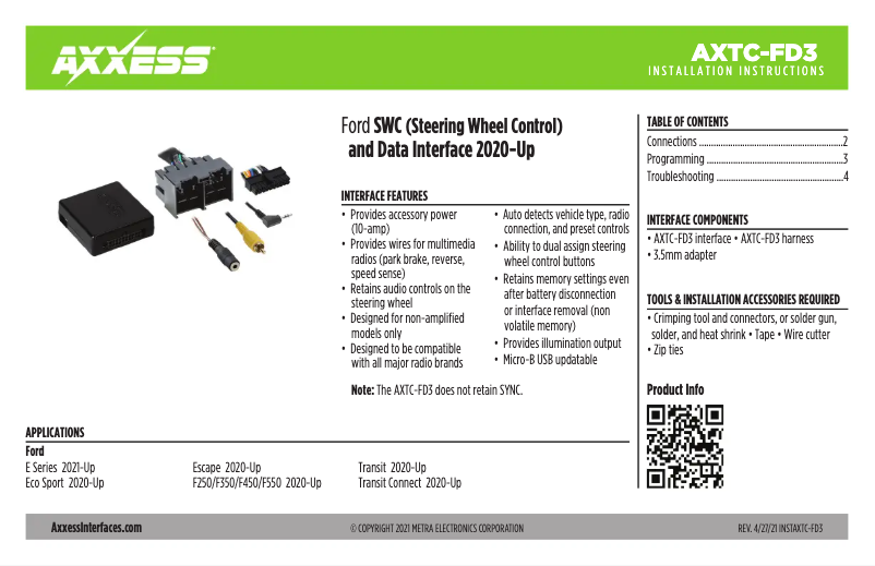 Page 1 of the manual Installation Guide Metra AXTC-FD3