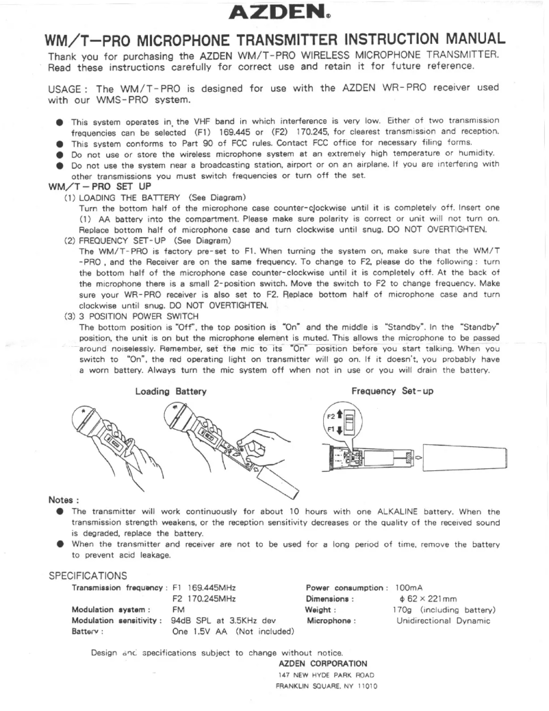Page 1 of the manual User Manual Azden WM/T-PRO