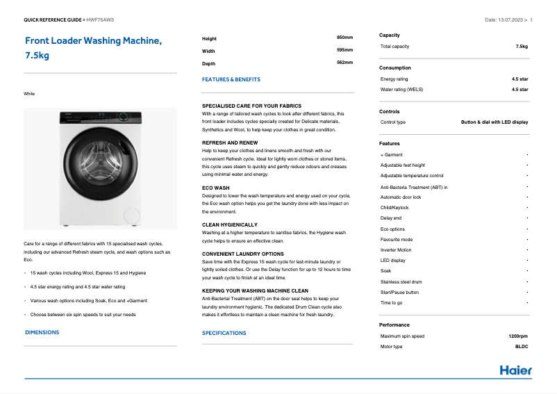Page 1 de la notice Label énergétique Haier HWF75AW3