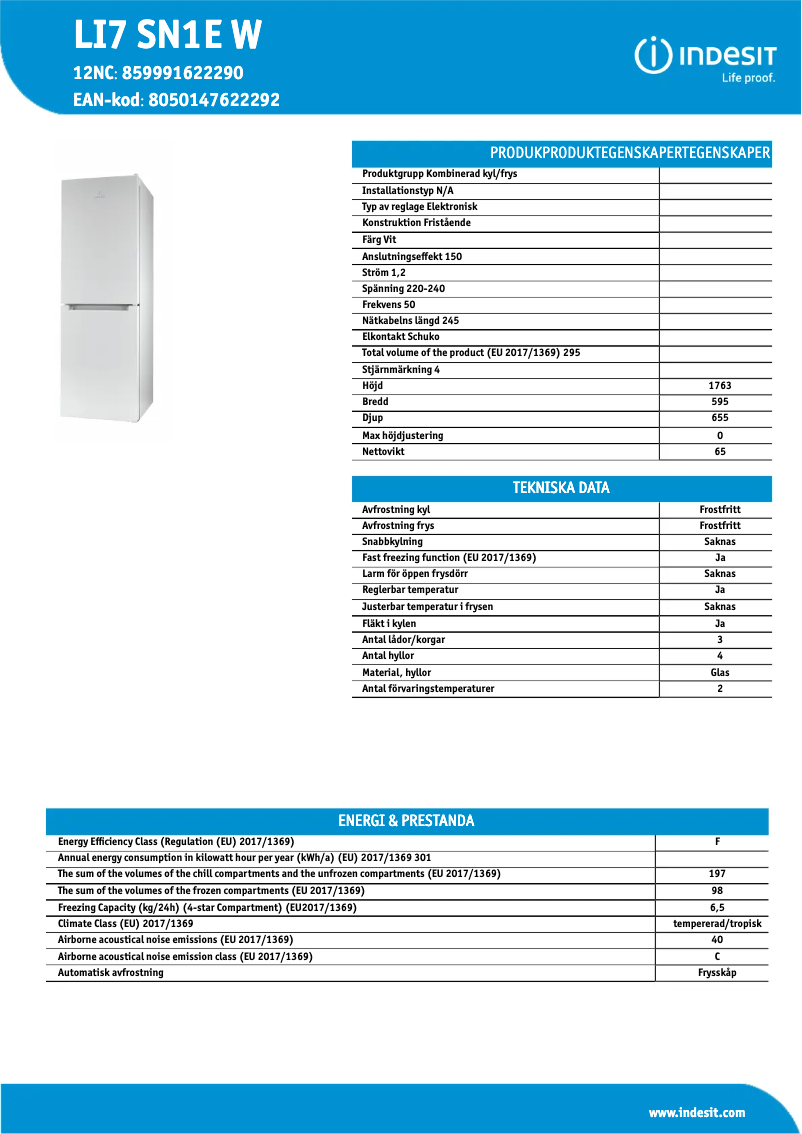 Page 1 de la notice Fiche technique Indesit LI7 SN1E W