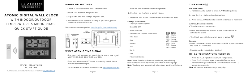 Page 1 de la notice Guide de démarrage rapide La Crosse Technology 513-1417ALV4