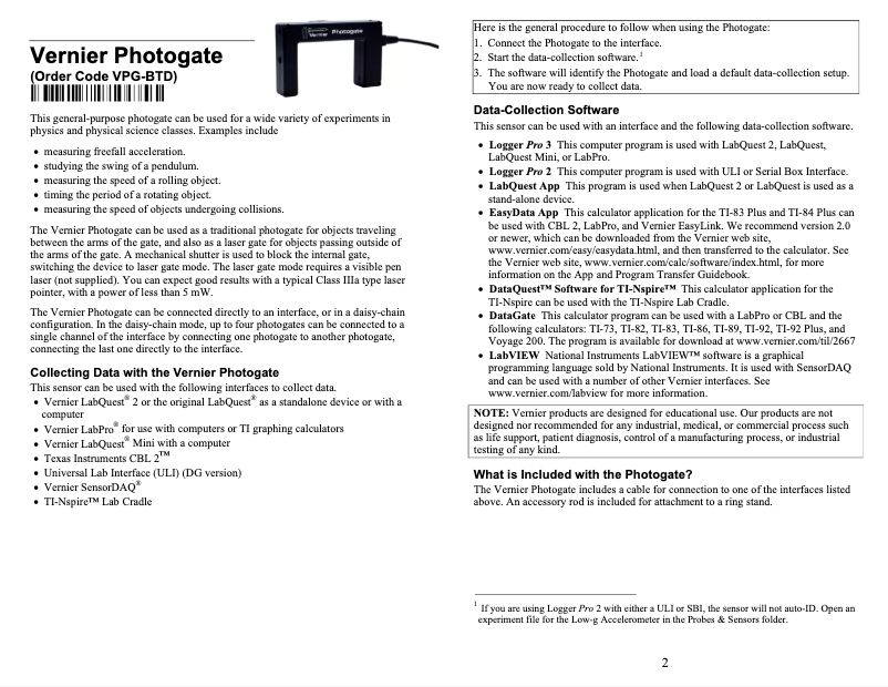 Image de la première page du manuel de l'appareil Photogate VPG-BTD