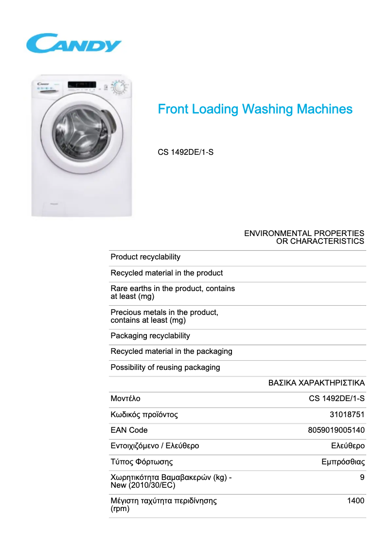 Page 1 de la notice Fiche technique Candy CS 1492DE/1-S